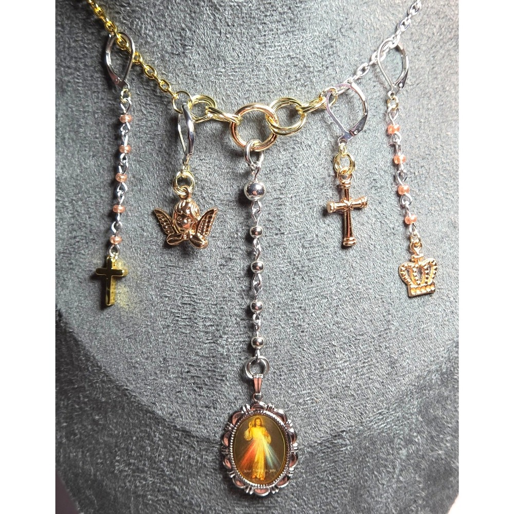 Handmade Convertible Devotion Y-Necklace 2 Earrings Mixed Metal Religious 24"